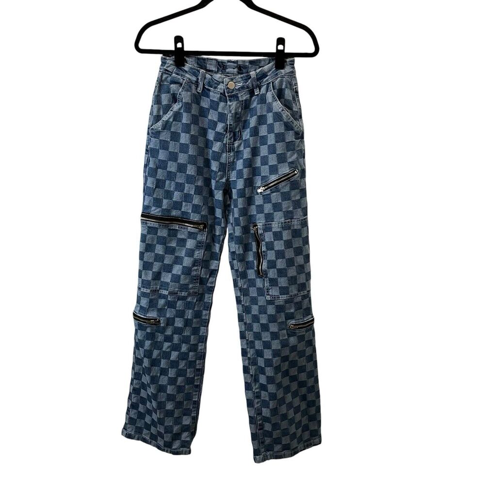 Hot Topic Women's Checkered Denim Pants Grunge Skater Straight Leg Zippers 26X30